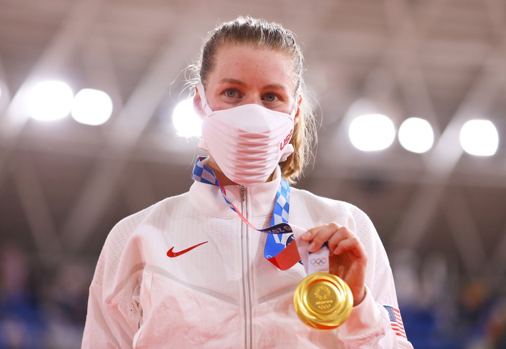 Gold medalist Jennifer Valente of Team United States, poses during the medal ceremony after the Women's Omnium finals of the track cycling on day sixteen of the Tokyo 2020 Olympic Games at Izu Velodrome on August 08, 2021 in Izu, Shizuoka, Japan.