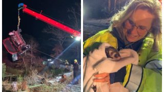 A woman was hospitalized following a rollover car crash on Thursday, Dec. 5, 2019 in Wareham, Massachusetts.