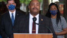 From left: Boston Mayor Marty Walsh, Police Commissioner William Gross and Rev. Dr. Arlene O Hall at a prayer vigil at City Hall Saturday, May 30, 2020.