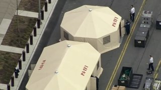 FEMA tents set up outside Citizens Bank Park in Philadelphia.