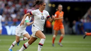 United States' Alex Morgan controls the ball during the Women's World Cup final soccer match between US and The Netherlands at the Stade de Lyon in Decines, outside Lyon, France, Sunday, July 7, 2019.