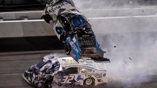Ryan Newman (6) goes airborne after crashing with Corey LaJoie (32) during the NASCAR Daytona 500 auto race Monday, Feb. 17, 2020, at Daytona International Speedway in Daytona Beach, Florida. A statement from NASCAR said Newman's injuries, although serious, was not life threatening.