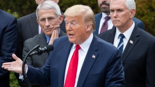 President Donald Trump, accompanied by Dr. Anthony Fauci, director of the National Institute of Allergy and Infectious Diseases, left, and Vice President Mike Pence, right, speaks during a news conference about the coronavirus in the Rose Garden at the White House, Friday, March 13, 2020, in Washington.