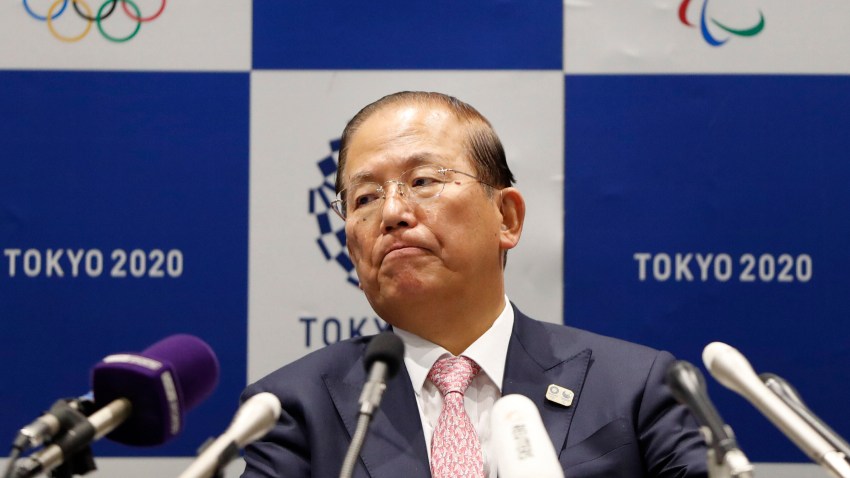 In this March 30, 2020, file photo, Tokyo 2020 Organizing Committee CEO Toshiro Muto attends a news conference after a Tokyo 2020 Executive Board Meeting in Tokyo.