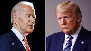 In this combination of file photos, former Vice President Joe Biden speaks in Wilmington, Del., on March 12, 2020, left, and President Donald Trump speaks at the White House in Washington on April 5, 2020.