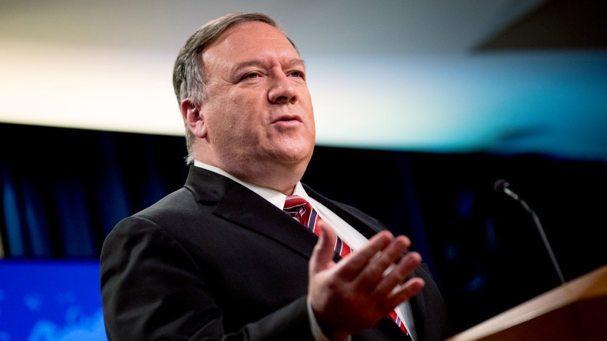 In this April 29, 2020, file photo Secretary of State Mike Pompeo speaks at a news conference at the State Department in Washington.