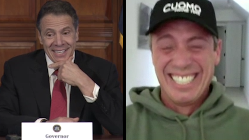 Split screen of Gov. Andrew Cuomo on left and journalist Chris Cuomo on right