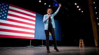 Sen. Elizabeth Warren, D-Mass., arrives at a campaign stop at Rochester Opera House, Feb. 10, 2020, in Rochester, N.H.