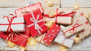 High angle view of a lot of wrapped Christmas gifts.