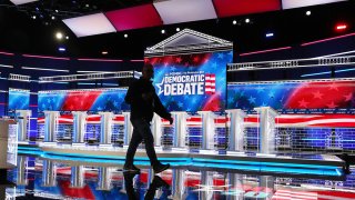 The debate stage is seen as it is prepared
