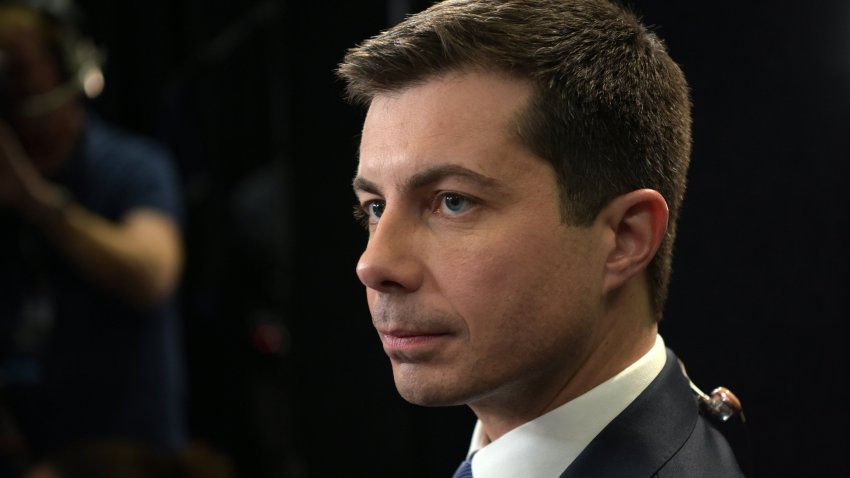 In this Dec. 19, 2019, file photo, Democratic presidential hopeful Mayor of South Bend, Indiana, Pete Buttigieg stands in the spin room after the sixth Democratic primary debate of the 2020 presidential campaign season co-hosted by PBS NewsHour and Politico at Loyola Marymount University in Los Angeles, on Dec. 19, 2019.