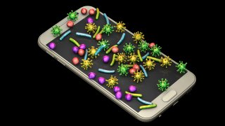 Conceptual illustration of microbes on a mobile phone.