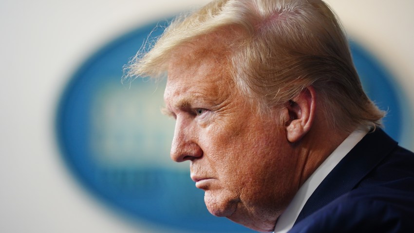 In this April 7, 2020, file photo, President Donald Trump pauses during a coronavirus task force news conference at the White House in Washington, D.C.