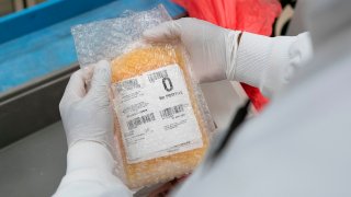 In this April 22, 2020, file photo, a lab technician freezes packs of convalescent plasma donated by recovered COVID-19 patients for shipping to local hospitals at Inova Blood Services in Dulles, Virginia.