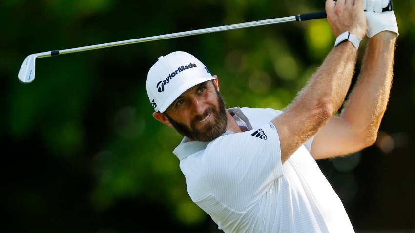 FORT WORTH, TEXAS – JUNE 09: Dustin Johnson of the United States plays his shot from the ninth tee during a practice round prior to the Charles Schwab Challenge at Colonial Country Club on June 09, 2020 in Fort Worth, Texas. (Photo by Tom Pennington/Getty Images)