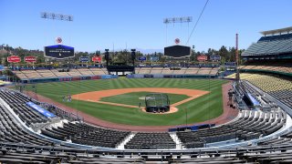 In this July 3, 2020, file photo, general view of the field at a Los Angeles Dodgers summer workout in preparation for a shortened MLB season during the coronavirus (COVID-19) pandemic at Dodger Stadium in Los Angeles, California.