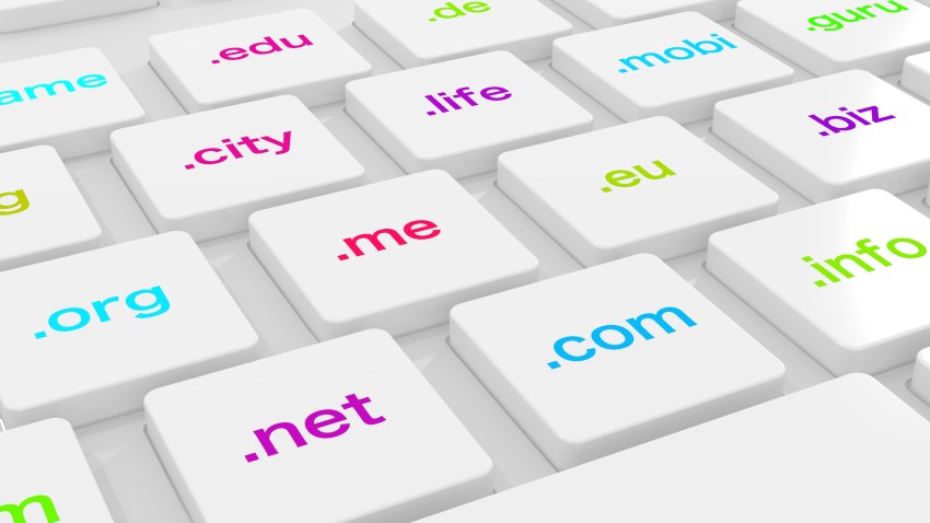White computer keyboard with differently colored domain endings