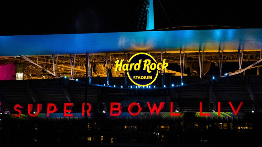 A general view of the Super Bowl LIV logo used at Hard Rock Stadium prior to Super Bowl LIV
