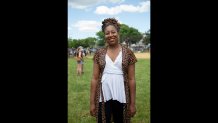 Dr. Rachel Jessica Daniel from Waymouth, Mass. at a Juneteenth commemoration and rally at Town Field and Doherty-Gibson Playground in Dorchester on June 19, 2020.