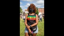 Taylor M. Lasane from East Boston at a Juneteenth commemoration and rally at Town Field and Doherty-Gibson Playground in Dorchester on June 19, 2020.