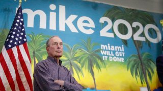 Democratic presidential candidate and former New York City Mayor Mike Bloomberg waits to speak at a news conference, March 3, 2020, in the Little Havana neighborhood in Miami.