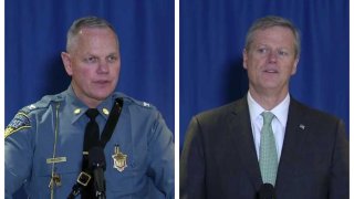 Massachusetts State Police Department Col. Christopher Mason and Gov. Charlie Baker speak at a press conference on Thursday, Jan. 16, 2020.