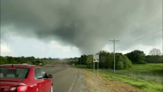 This image made from video provided by Thomas Marcum shows a tornado seen from State Highway 48 in Durant, Okla., Wednesday, April 22, 2020.