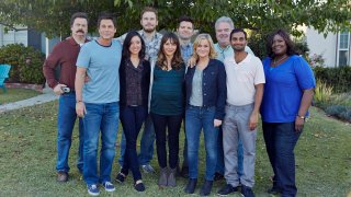 In this file photo, Nick Offerman as Ron Swanson, Rob Lowe as Chris Traeger, Aubrey Plaza as April Ludgate, Chris Pratt as Andy Dwyer, Rashida Jones as Ann Perkins, Adam Scott as Ben Wyatt, Amy Poehler as Leslie Knope, Jim O'Heir as Jerry Gergich, Aziz Ansari as Tom Haverford, Retta as Donna Meagle film Season 6 of "Parks and Recreation."