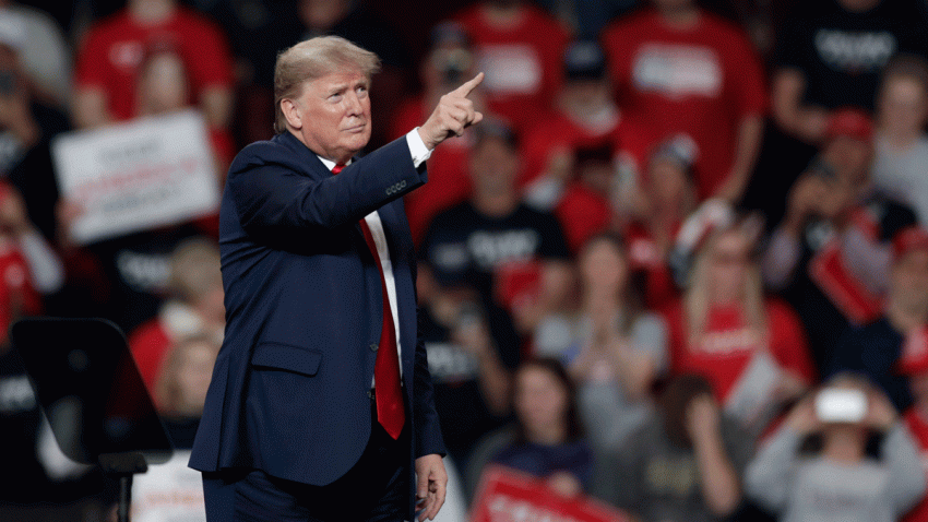 President Donald Trump points to supporters after speaking during a campaign rally at the Huntington Center, Thursday, Jan. 9, 2020, in Toledo, Ohio.