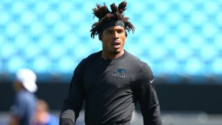 In this Sep 8, 2019, file photo, Carolina Panthers quarterback Cam Newton (1) warms up prior to a game against the Los Angeles Rams at Bank of America Stadium.