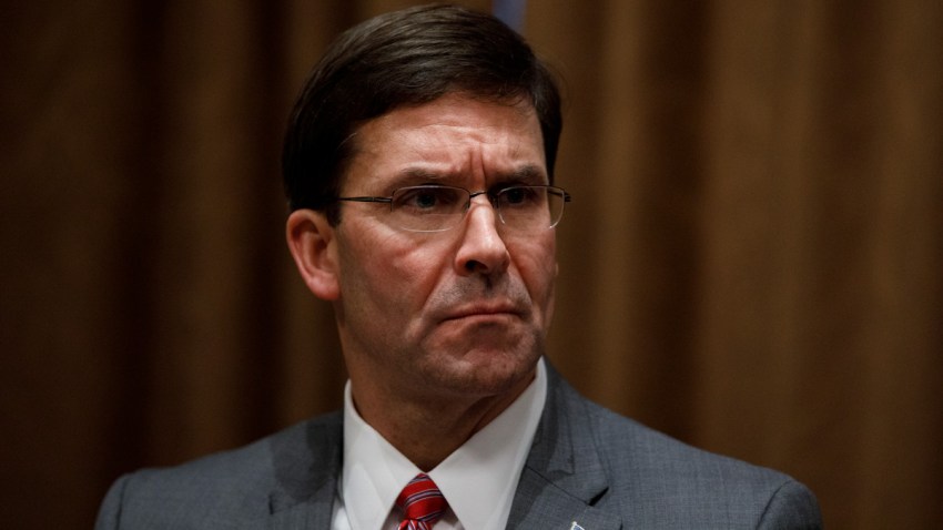 Defense Secretary Mark Esper participates in a briefing with President Donald Trump and senior military leaders in the Cabinet Room at the White House in Washington, Monday, Oct. 7, 2019.