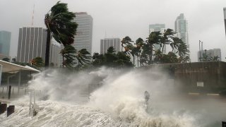 Hurricane Irma seen striking Miami with 100+ mph winds and destructive storm surge.