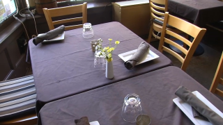 A table set for indoor dining at a Portland, Maine, restaurant