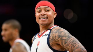 Washington Wizards guard Isaiah Thomas (4) smiles during the second half of an NBA basketball game against the Boston Celtics, Monday, Jan. 6, 2020, in Washington. The Wizards won 99-94. (AP Photo/Nick Wass)