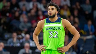 Jan 18, 2020; Minneapolis, Minnesota, USA; Minnesota Timberwolves center Karl-Anthony Towns (32) looks on during the second half against the Toronto Raptors at Target Center. Mandatory Credit: Jesse Johnson-USA TODAY Sports
