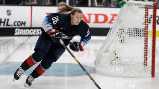 In this Jan. 25, 2019, file photo, United States' Kendall Coyne Schofield skates during the Skills Competition, part of the NHL All-Star weekend, in San Jose, Calif.