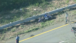 A wrecked motorcycle on I-495 in Salisbury, Massachusetts, after a crash.