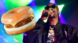 Snoop Dogg teamed up with Dunkin’ Donuts to bring out the “Beyond D-O-Double G Sandwich” (insert) featuring a Beyond Meat patty between a sliced glazed donut.