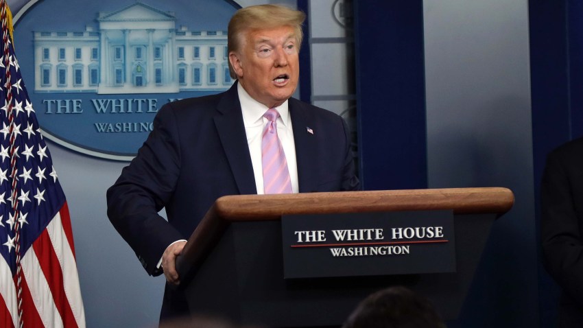 In this April 10, 2020, file photo, U.S. President Donald Trump speaks during the daily coronavirus task force briefing in the James Brady Briefing Room at the White House in Washington, DC.