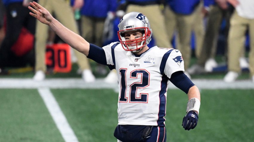 Feb 3, 2019; Atlanta, GA, USA; New England Patriots quarterback Tom Brady (12) gestures after a fourth down in the fourth quarter against the Los Angeles Rams in Super Bowl LIII at Mercedes-Benz Stadium. The Patriots defeated the Rams 13-3 to win an NFL record-tying sixth championship. Mandatory Credit: Kirby Lee-USA TODAY Sports