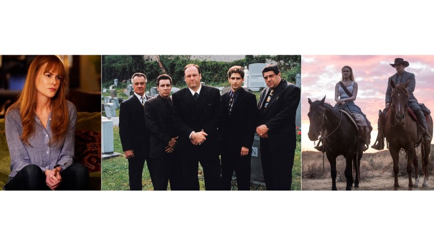 This combination of photos shows, from left, Nicole Kidman in a scene from "Dirty Little Lies," the cast of "The Sopranos," and Evan Rachel Wood and James Marsden in a scene from "Westworld."