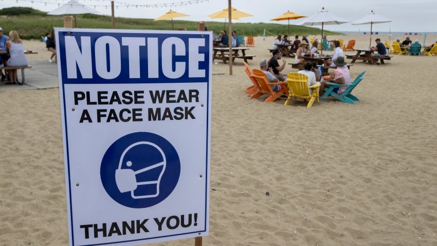 NANTUCKET, MA – JULY 2: Sign requesting that people wear masks is posted at the Sandbar at Jetties Beach in Nantucket, MA on July 4, 2020. (Photo by Stan Grossfeld/The Boston Globe via Getty Images)