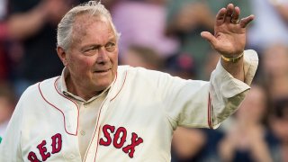 Mike Ryan of the 1967 Boston Red Sox being introduced during a 50-year anniversary ceremony at Fenway Park