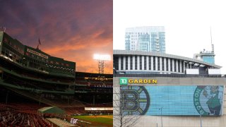 Photos showing Fenway Park and TD Garden in Boston.