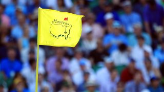 A detailed view of a pin flag is seen during the first round of the Masters at Augusta National Golf Club on April 11, 2019 in Augusta, Georgia.