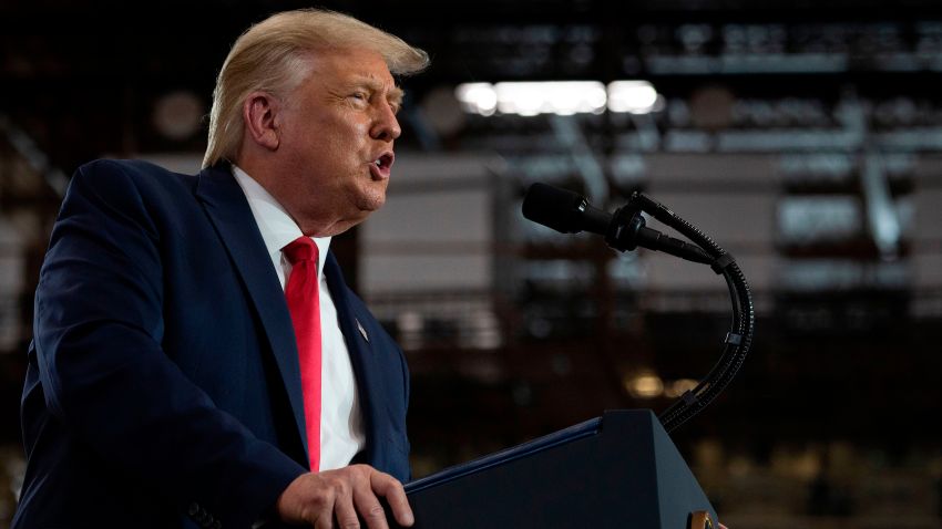 In this Aug. 6, 2020, file photo, President Donald Trump speaks after touring the Whirlpool Corporation Manufacturing Plant in Clyde, Ohio.