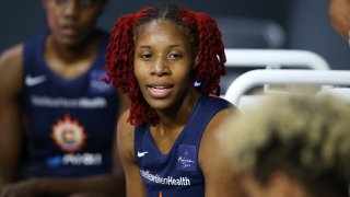 PALMETTO, FL – AUGUST 10: Bria Holmes #32 of the Connecticut Sun looks on during the game against the Atlanta Dream on August 10, 2020 at Feld Entertainment Center in Palmetto, Florida. NOTE TO USER: User expressly acknowledges and agrees that, by downloading and/or using this Photograph, user is consenting to the terms and conditions of the Getty Images License Agreement. Mandatory Copyright Notice: Copyright 2020 NBAE (Photo by Stephen Gosling/NBAE via Getty Images)
