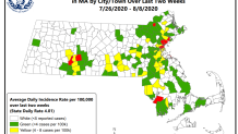 Massachusetts community risk map from August 12, 2020