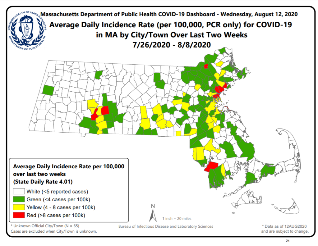 Massachusetts community risk map from August 12, 2020