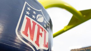 The NFL logo on the goal posts prior to the game between the Philadelphia Eagles and Green Bay Packers at Lambeau Field.